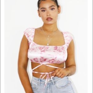 Pink floral wrap around crop top